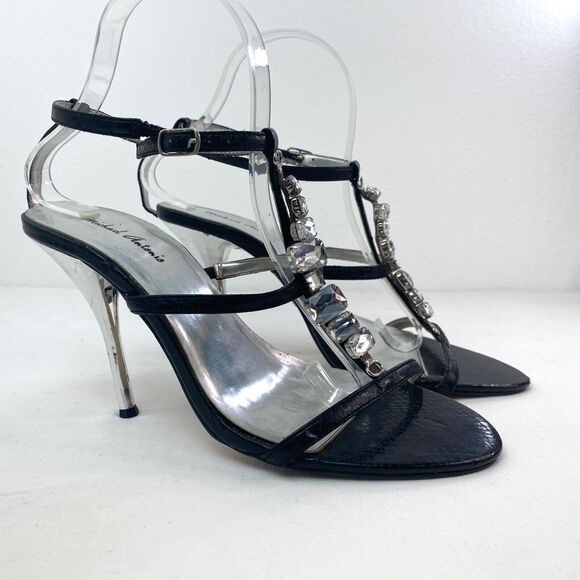 Micheal Antonio Black Rhinestone Womans Sandals Silver Heels Sz 8 Evening Dance - Picture 2 of 13